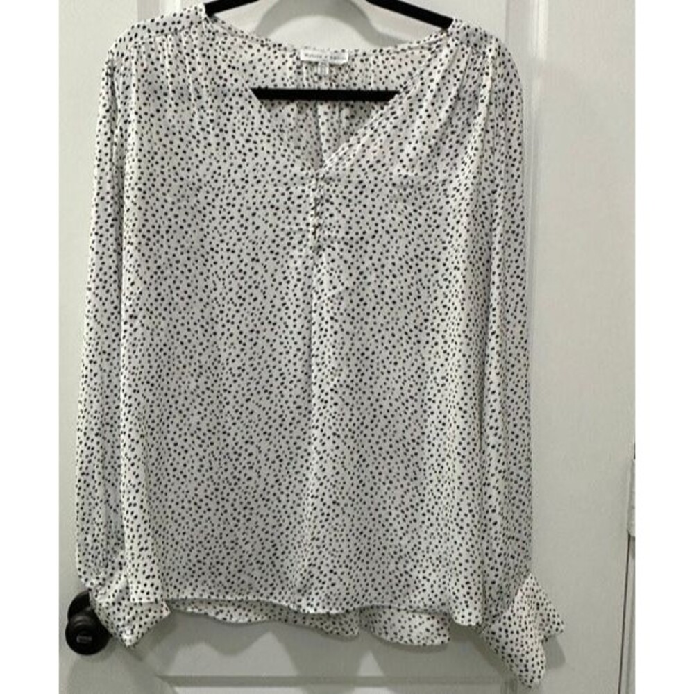 Maison d'Amelie Paris Anthropologie Women XL Blouse White Black Dot Long Sleeve